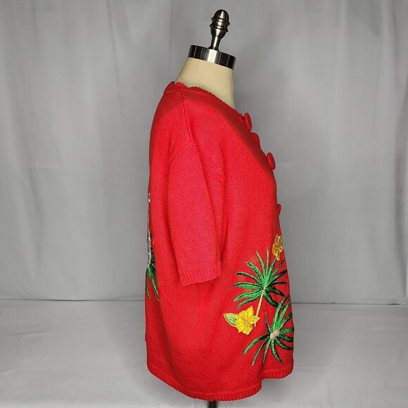VTG Designers Studio Originals 2X Red Tropical Short Sleeve Sweater Embroidered - Picture 4 of 14